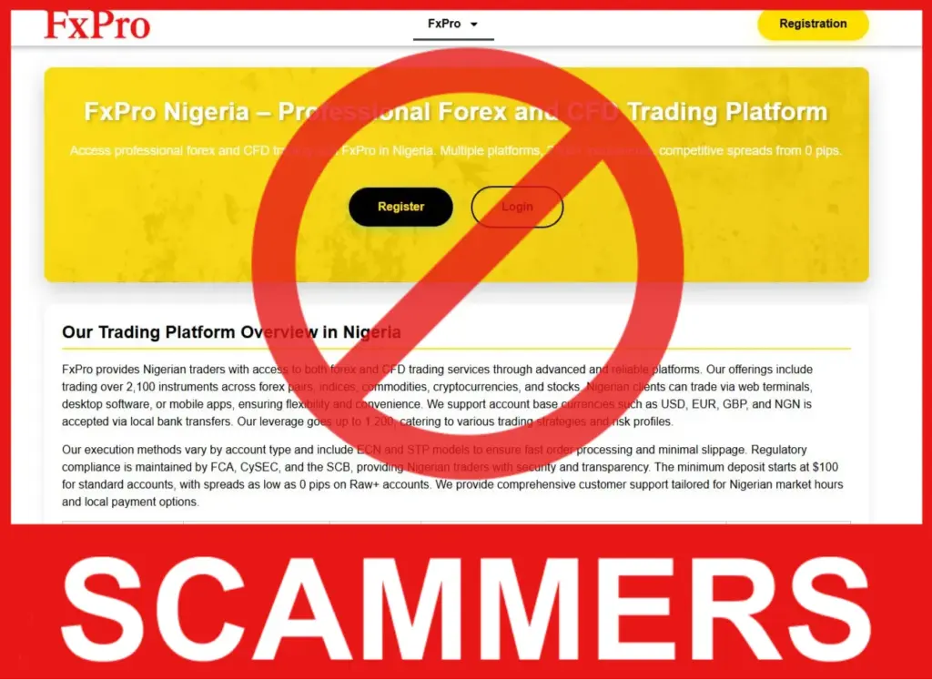 Fake FxPro Nigeria face screen